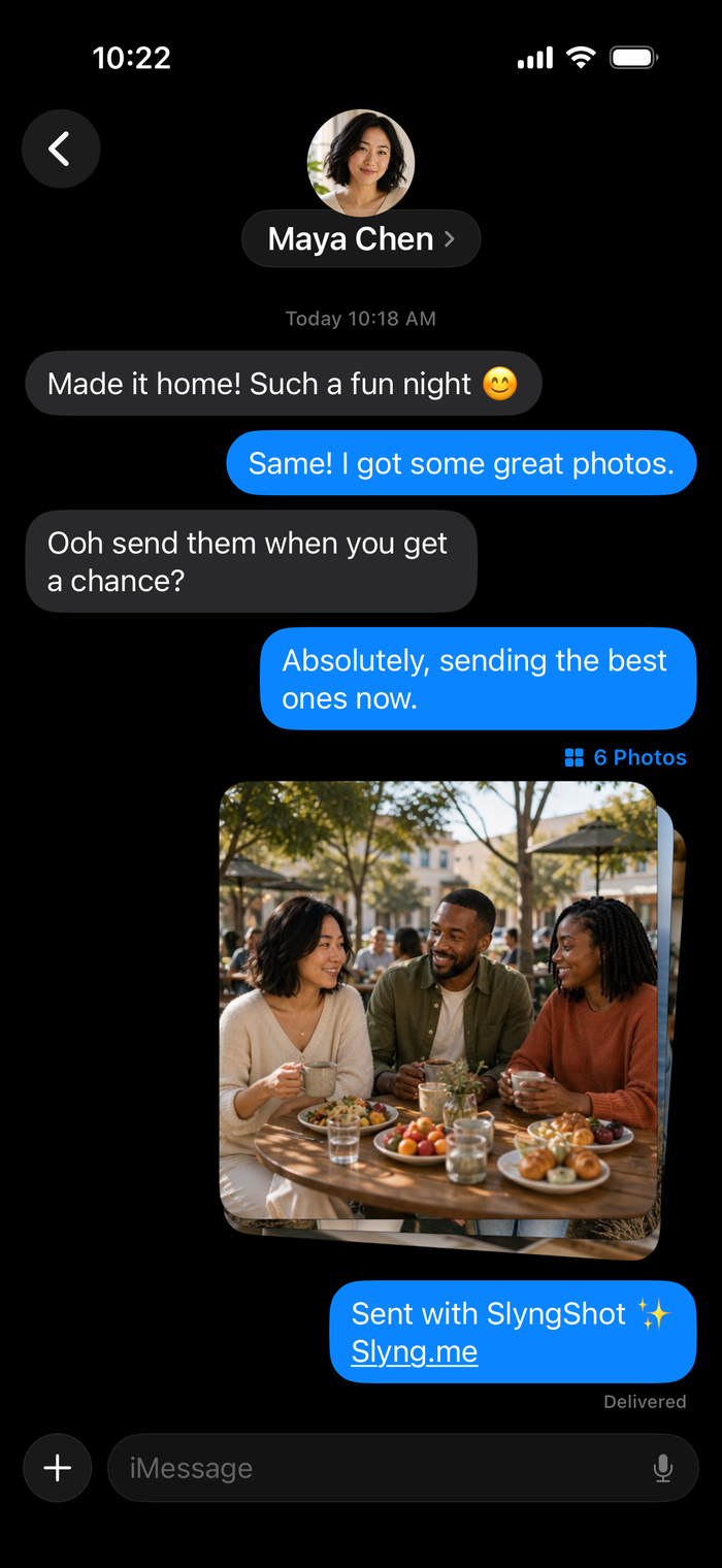 Photos sent to Maya through Messages with a SlyngShot link